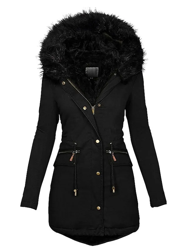 Women's Parka Fleece Puffer Jacket Winter Thicken Coat Warm Windproof Outerwear with Fur Collar Drawstring Zip up Stylish Casual Street Jacket with Pockets Long Sleeve Black Army Green Navy Blue