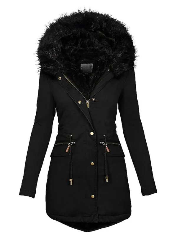Women's Parka Fleece Puffer Jacket Winter Thicken Coat Warm Windproof Outerwear with Fur Collar Drawstring Zip up Stylish Casual Street Jacket with Pockets Long Sleeve Black Army Green Navy Blue
