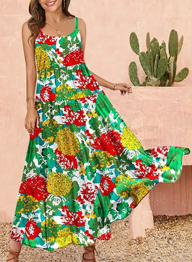 Summer Dresses for Women Casual Loose Bohemian Floral Dress with Pockets Spaghetti Strap Maxi Dress E75