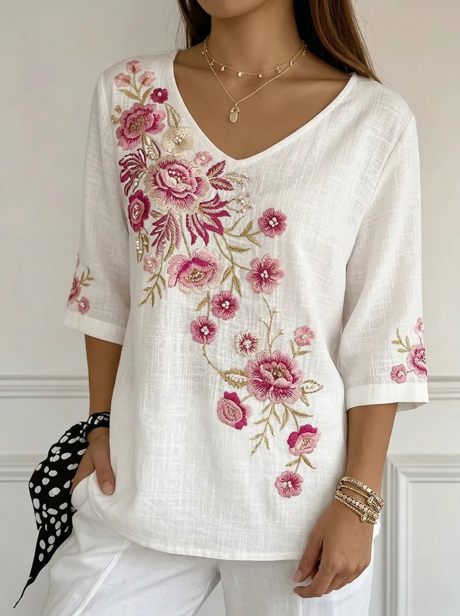Women's Nashville Floral Embroidered V-Neck Printed Top