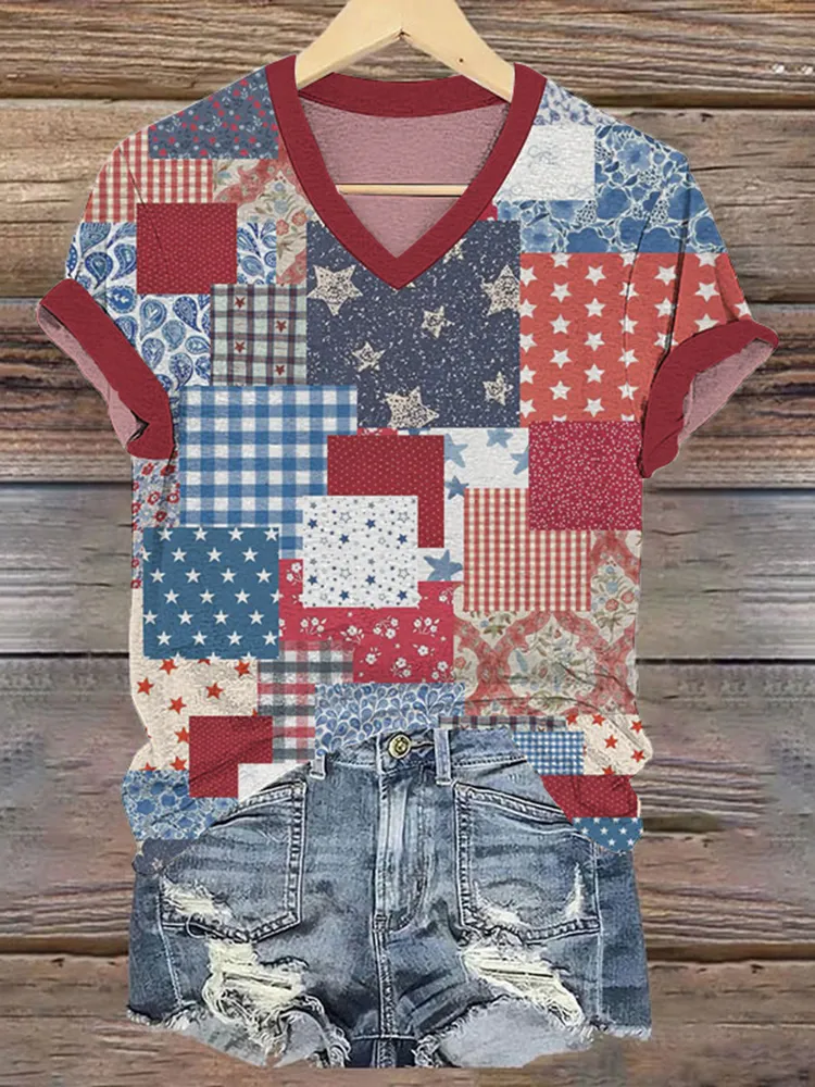 Women's Vintage Independence Day Floral Graphic V-neck T-shirt