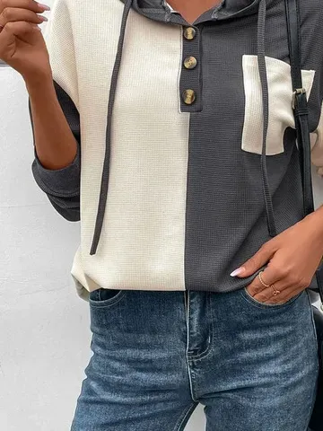 Loose Color Block Buckle Casual Hoodie Sweatshirt