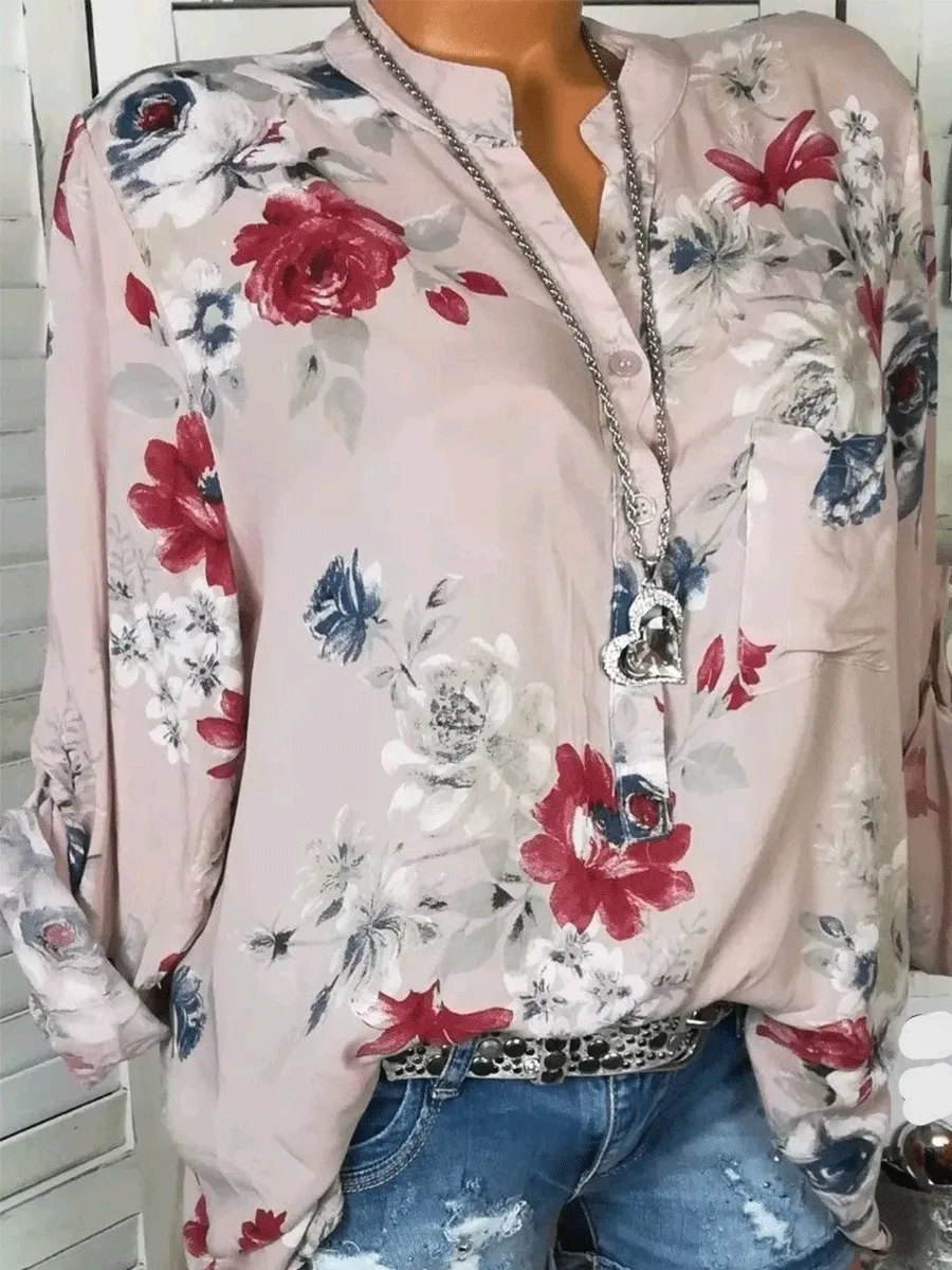 Cotton V-Neck Button Floral Printed Tops