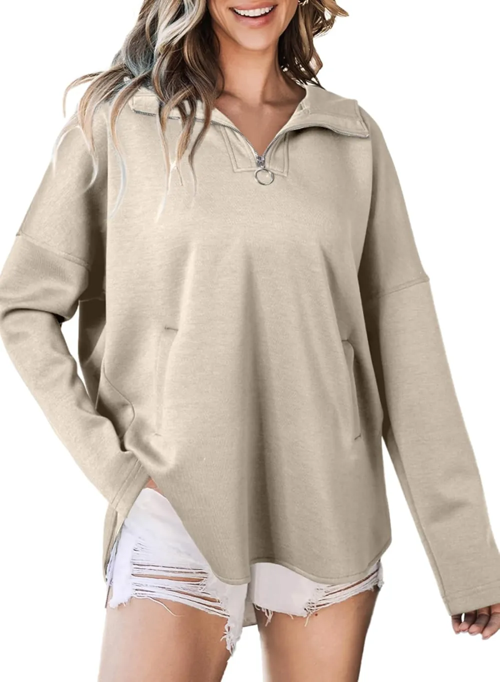 Women's Oversized Hoodies Casual Long Sleeve Half Zipper Pocket Sweatshirt Pullover Tops