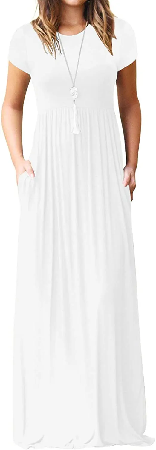 Women's Short Sleeve Loose Plain Maxi Dresses Casual Long Dresses with Pockets