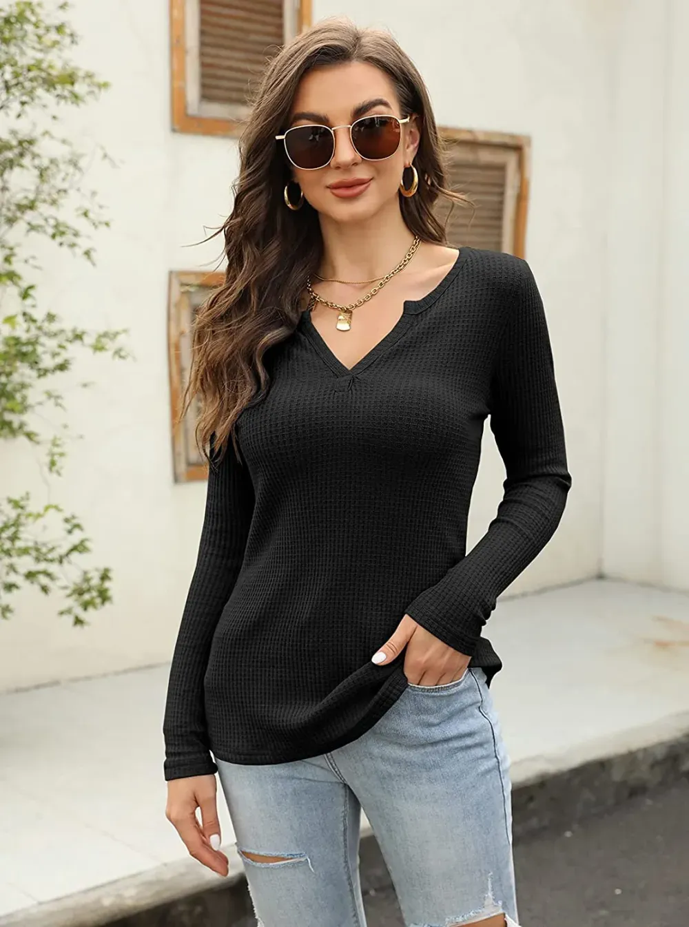 Women's V Neck Waffle Knit Henley Tops Casual Long Sleeve Pullover Sweater Blouses