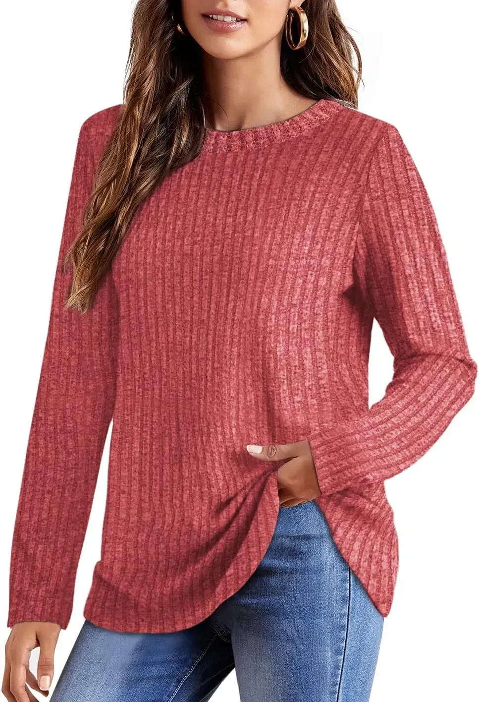 OFEEFAN Long Sleeve Shirts for Women Lightweight Crew Neck Casual Tunic Tops