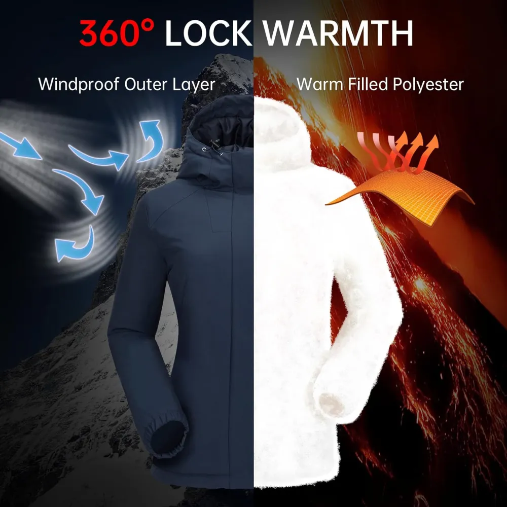 Women's Waterproof Mountain Ski Snow Jacket with Fleece Outdoor Windproof Raincoat Hooded for Fall and Winter