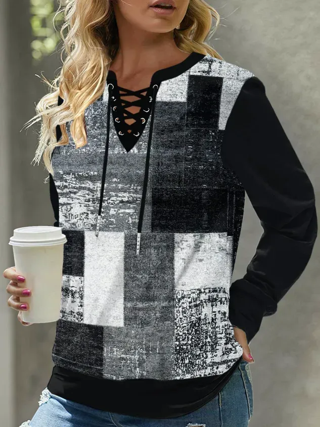 Casual Notched Color Block Sweatshirt