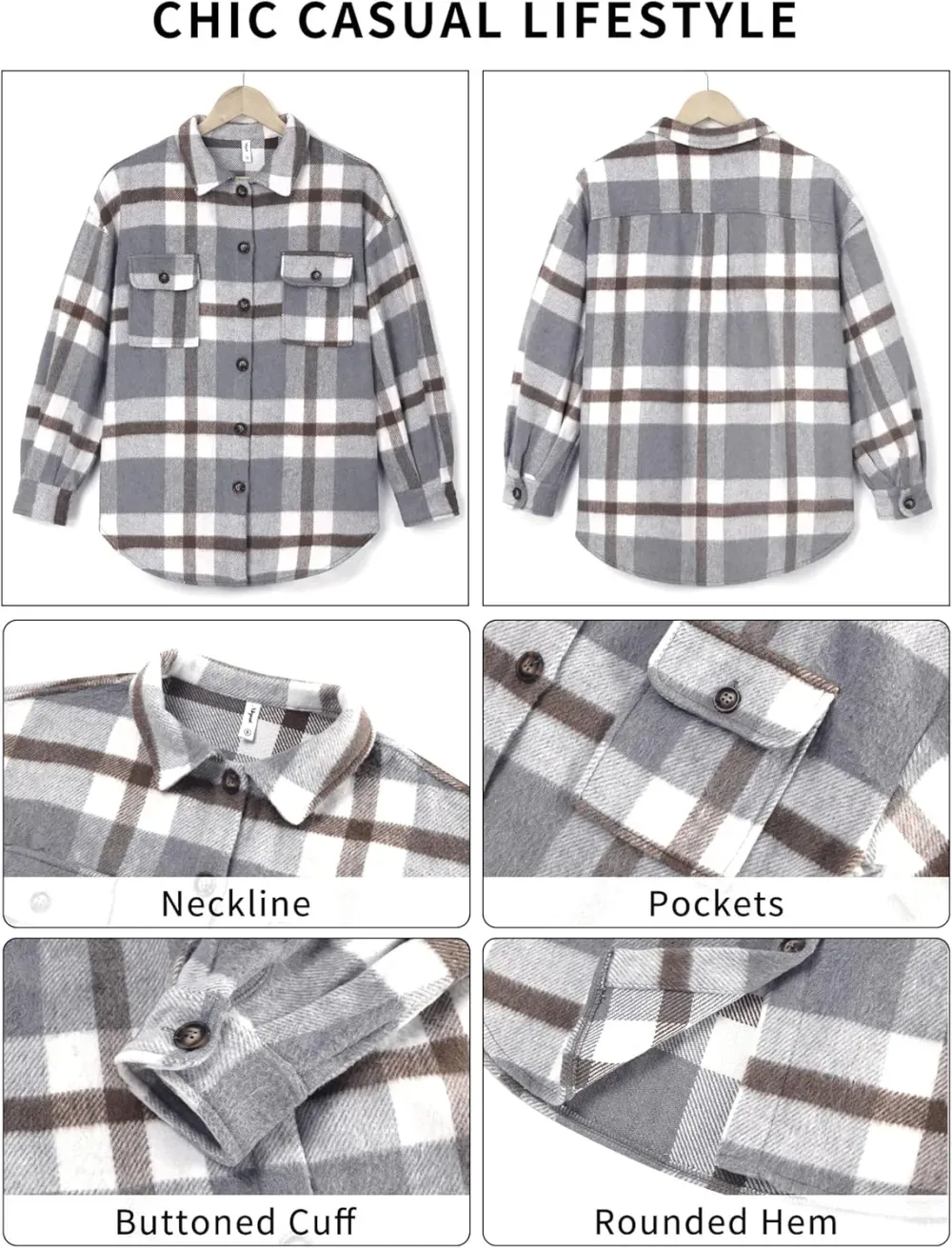 Women's Casual Plaid Flannel Shacket Jacket Oversized Button Down Long Sleeve Fall Shirts Jacket Lapel Coats Tops