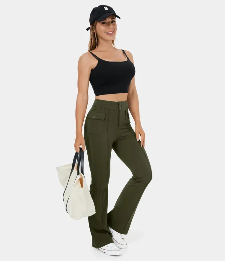 High Waisted Button Side Flap Pocket Flare Casual Cargo Pants