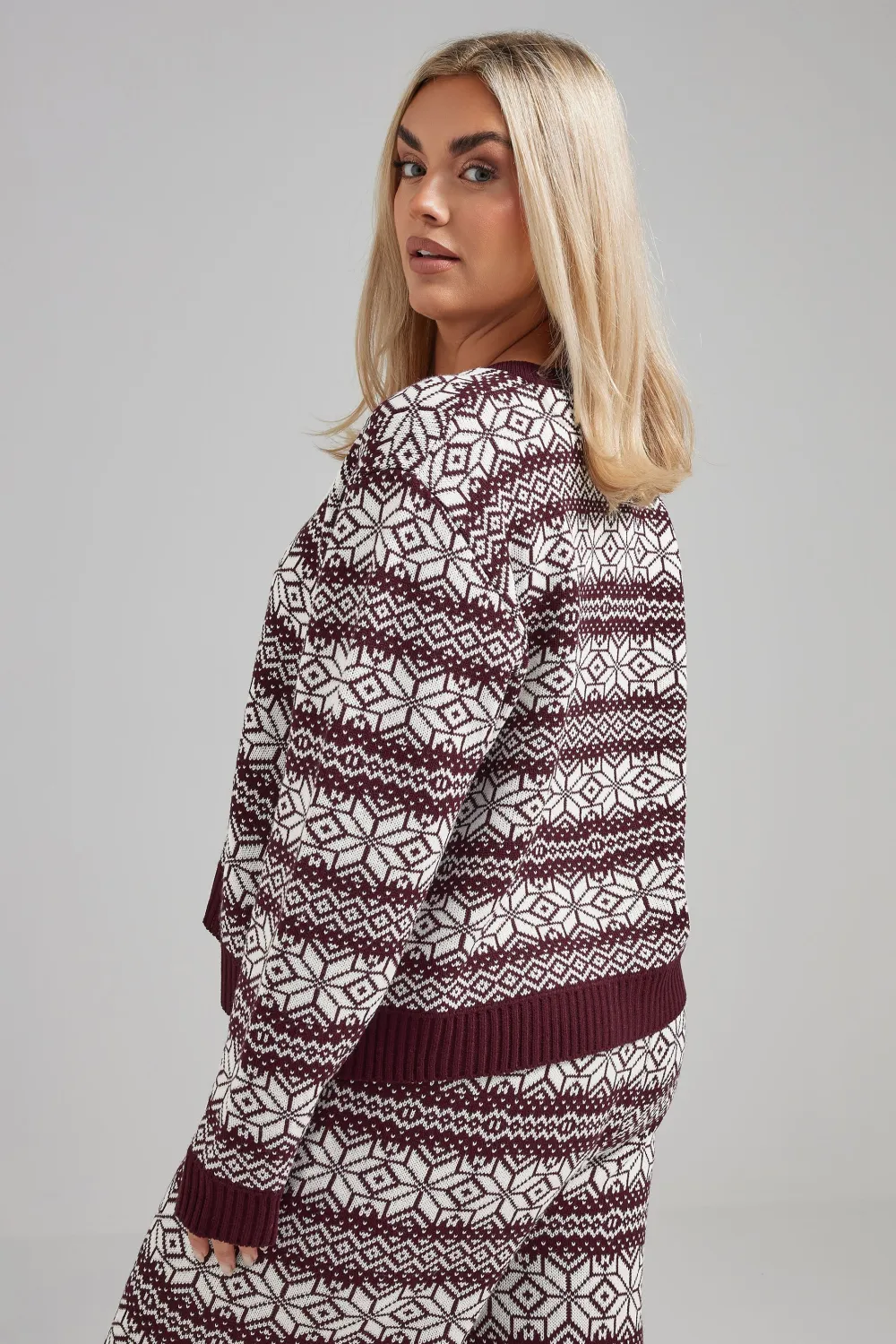 LIMITED COLLECTION Curve Burgundy Red Fairisle Knitted Cardigan