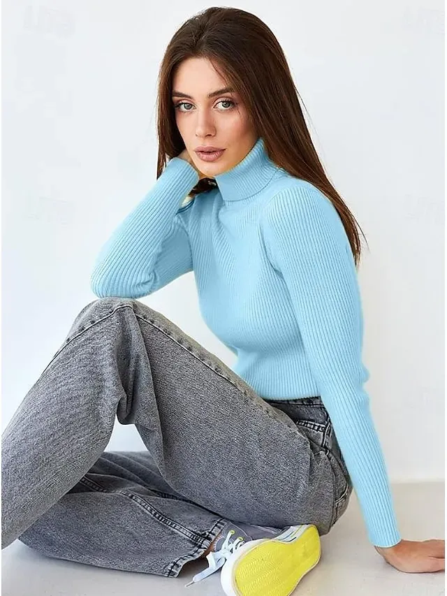 Women's Sweater Casual Soft Pure Color Ribbed Turtleneck Knitted Long Sleeve Regular Tops Knit Outdoor Daily Weekend Black White Fall Winter