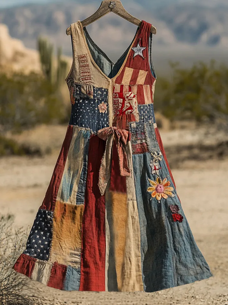 Women's Vintage Independence Day Flag Floral Sleeveless Dress