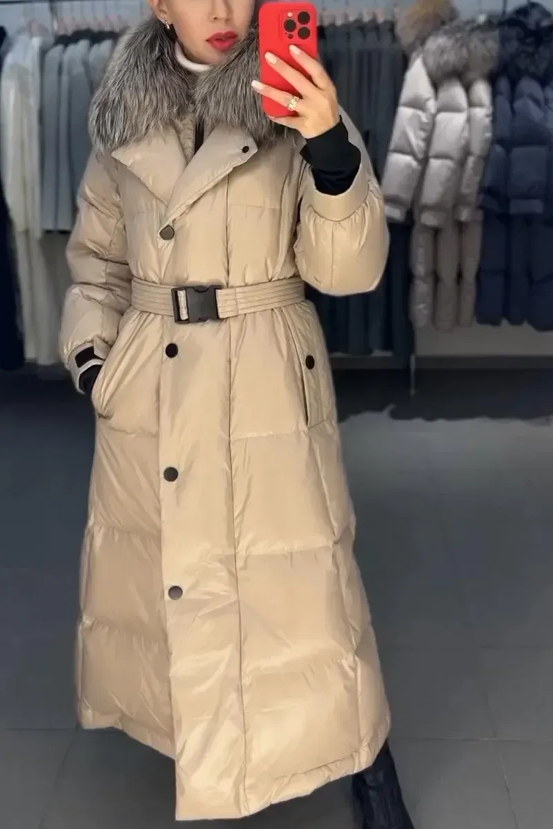 Women's Retro Elegant Hooded Fur Collar Belt Pocket Button Long Cotton Coat