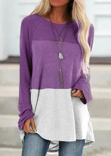 Casual Round Collar Color Block Long Sleeve Tops