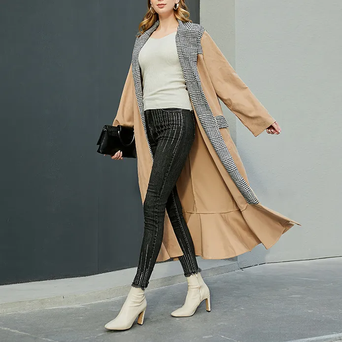 Patchwork Lapel Front Button Ruffle Coat