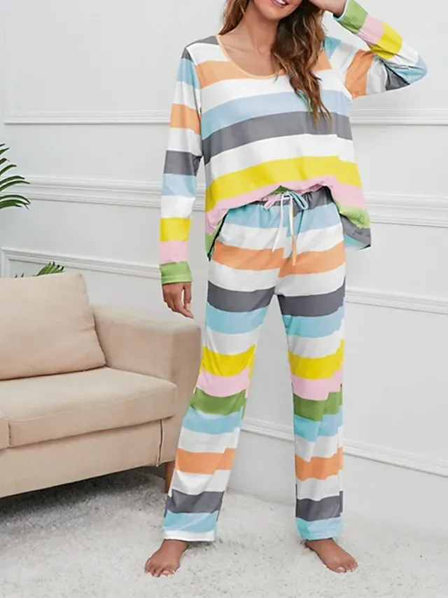 Women's Plus Size Pajamas Sets Nighty Pjs 2 Pieces Rainbow Stripe Fashion Comfort Soft Home Daily Bed Cotton Breathable V Wire Long Sleeve T shirt Tee Pant Fall Spring Blue Yellow