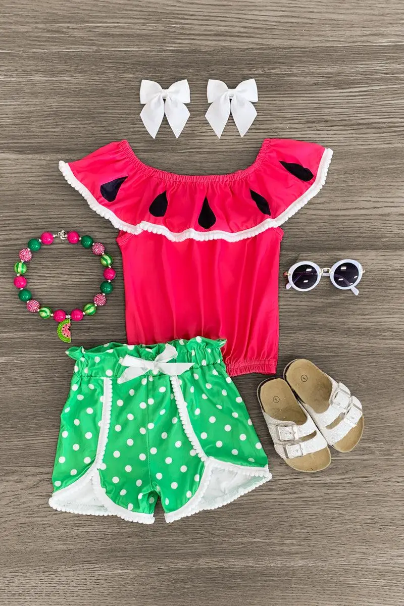 Watermelon Pom Pom Polka Dot Short Set