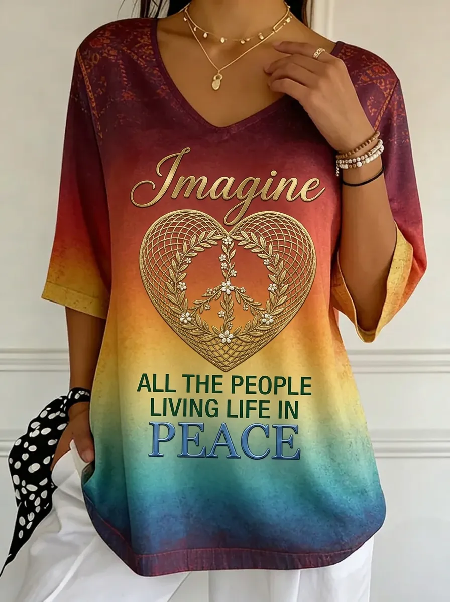Women's Nashville Peace Heart Imagine Quote Printed V-neck T-shirt