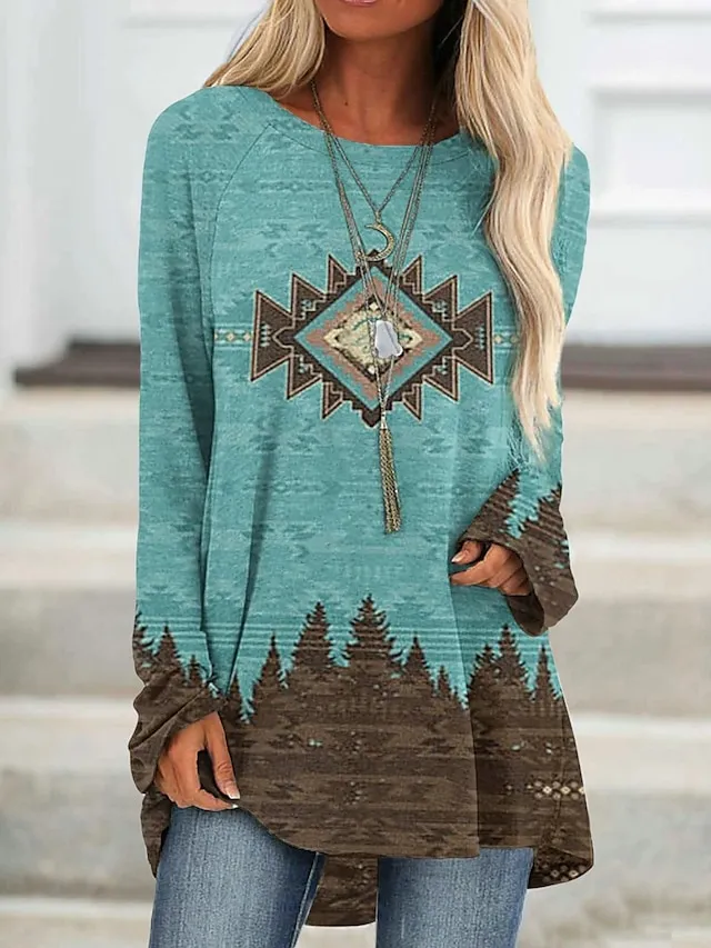 Women's T shirt Tee Burgundy Tee Tunic Shirts Marron Yellow Light Green Geometric Plaid Print Long Sleeve Casual Vintage Tunic Ethnic Round Neck Regular Fit Bohemian Theme Geometric Plus Size Fall
