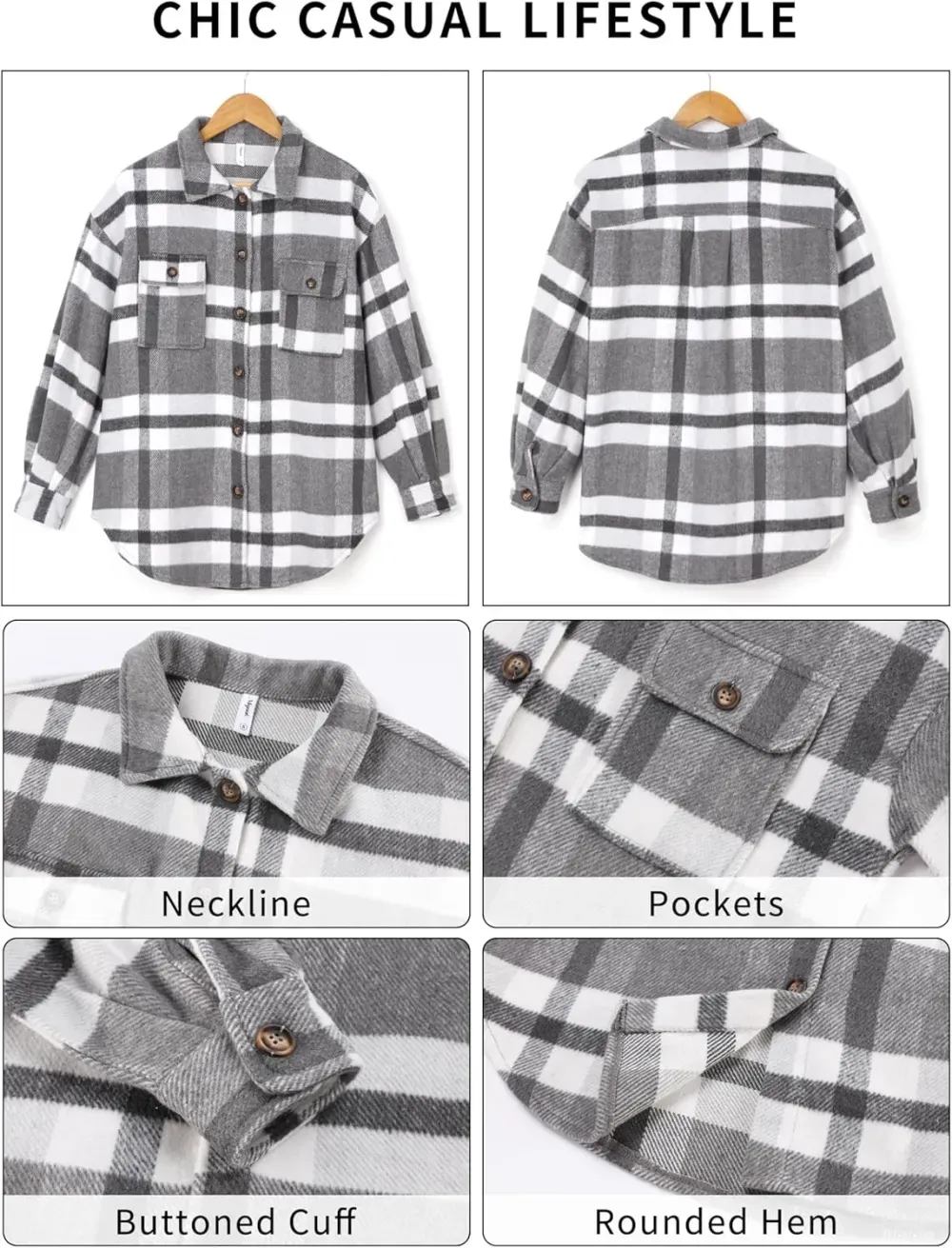 Women's Casual Plaid Flannel Shacket Jacket Oversized Button Down Long Sleeve Fall Shirts Jacket Lapel Coats Tops