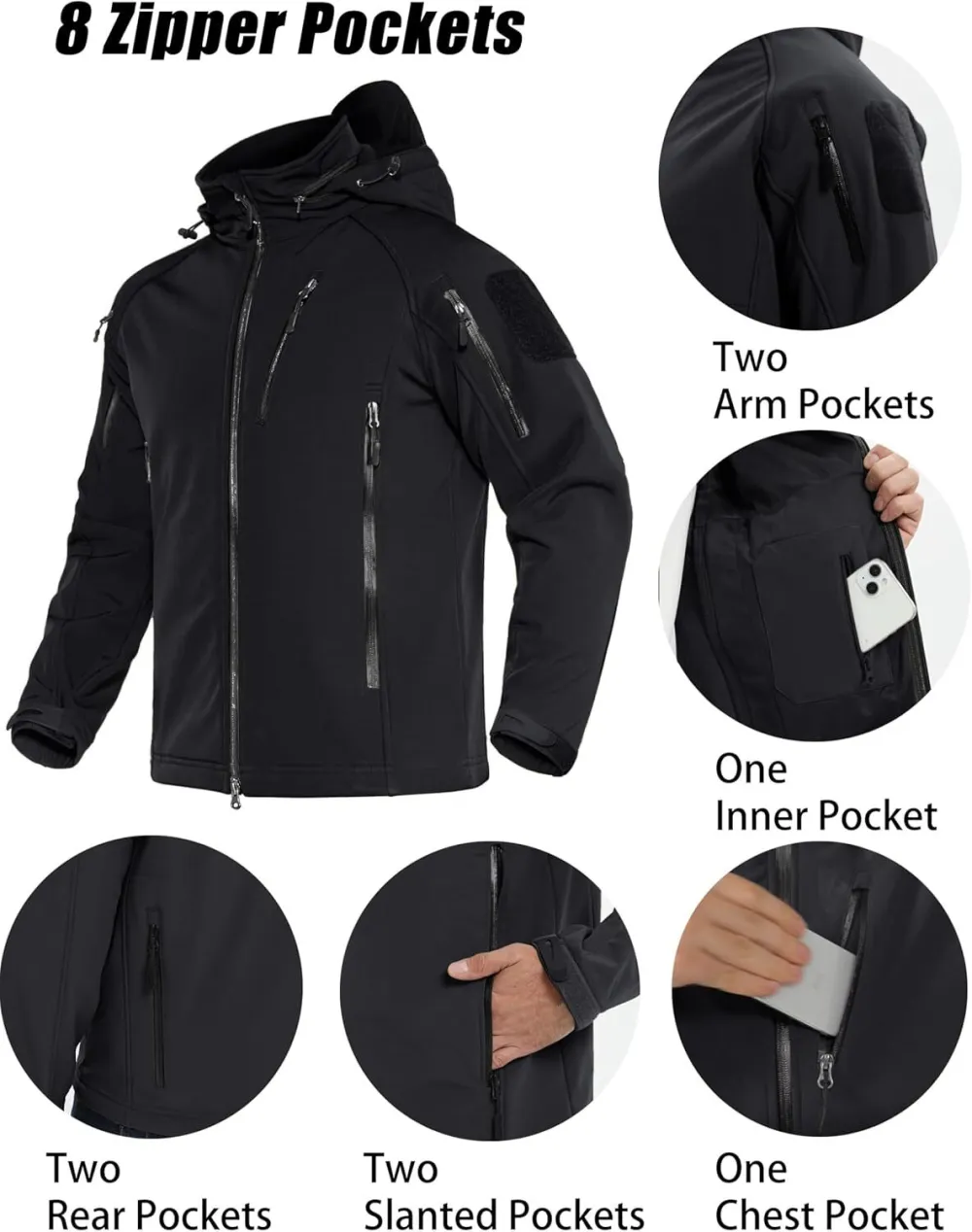 Men's Tactical Jacket 8 Pockets Water Resistant Jacket Softshell Fleece Lined Jacket Winter Coats Ski Jacket