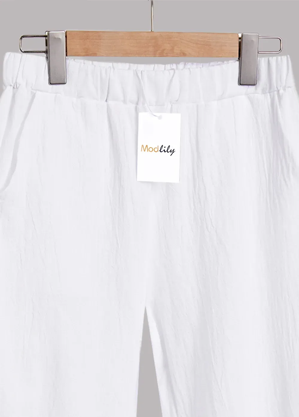 White Button Elastic Waist High Waisted Pants