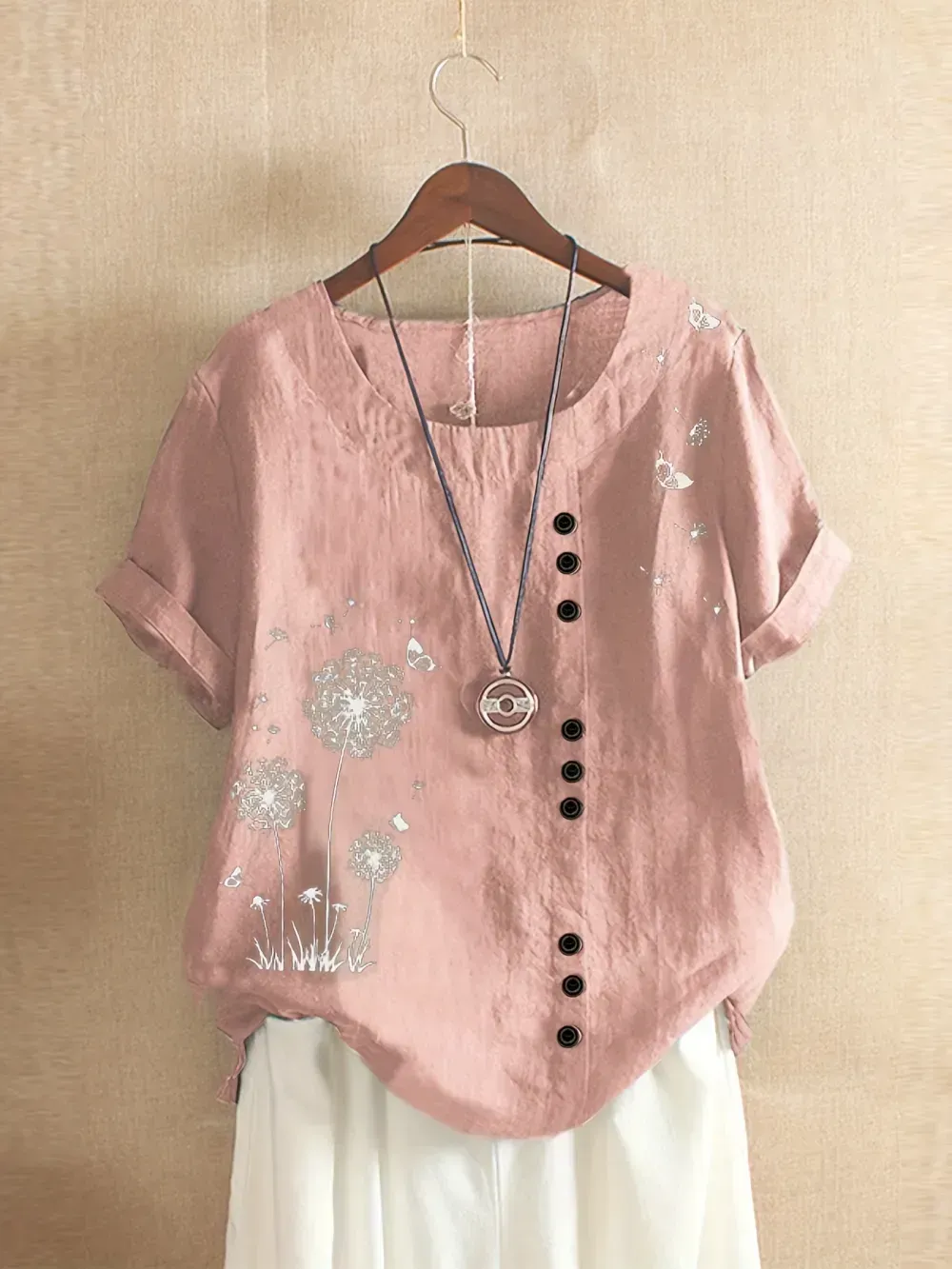 Women's Plus Dandelion Print Tee, Short Sleeve, Casual, Round Neck, Plus Size