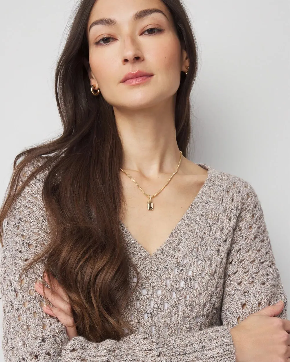 V-Neck Open Stitch Sequin Sweater