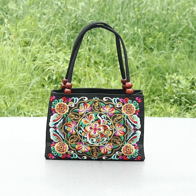 Women's Handbag Canvas Outdoor Holiday Embroidery Large Capacity Breathable Lightweight Folk Dark Red Black / Red Blue peacock