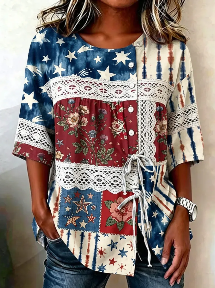 Women's Nashville Country Star Floral Patchwork Printed Top