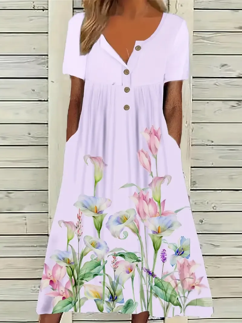 Women'S Plus Size Floral Print Tunic Dress, Polyester 95% Spandex 5% Knit Fabric, Crew Neck Short Sleeve with Pockets, Spring/Summer Vacation Style, Big-Tall Silhouette, Midi Length, Half Placket Button Detail