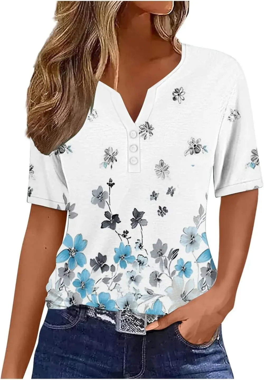 Shirts for Women Casual Printed Summer Tops Short-Sleeved Button V-Neck Tops Blouse Fashion Boho T-Shirts
