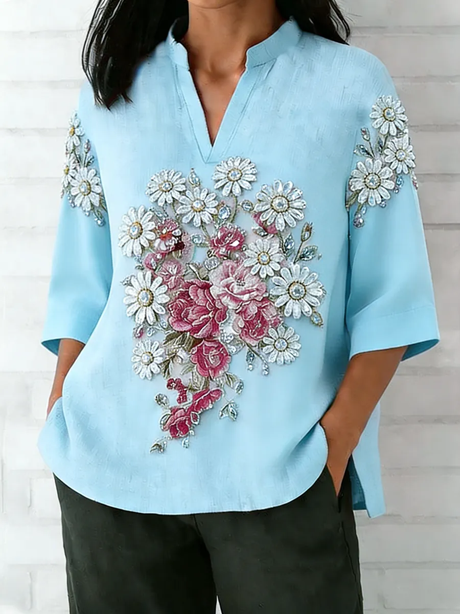 Women's Retro Daisy Flower Embroidery Art Linen Blended V-neck Top