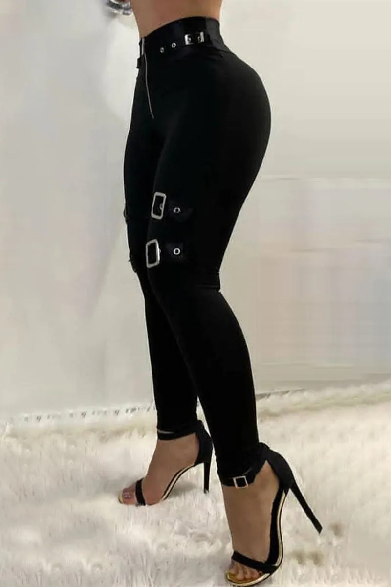 Zip Front Buckle Belted Skinny Pants