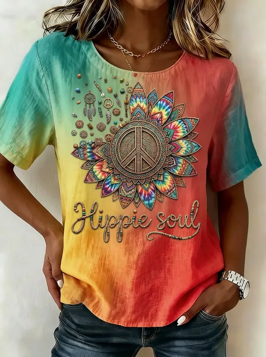 Women's Nashville Hippie Soul Sunflower Peace Sign Printed T-shirt
