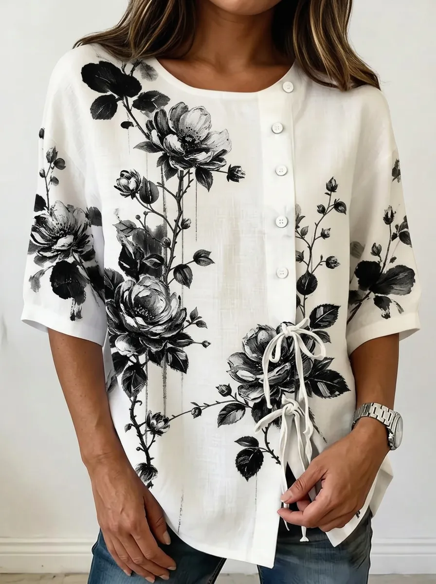 Women's Nashville Floral Sketch Printed Button-up Top