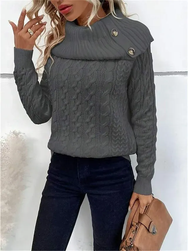 Women's Sweater Pullover Sweater Jumper Casual Soft Pure Color Ribbed Turtleneck Buttons Knitted Long Sleeve Regular Tops Knit Outdoor Daily Weekend Wine Khaki Fall Winter
