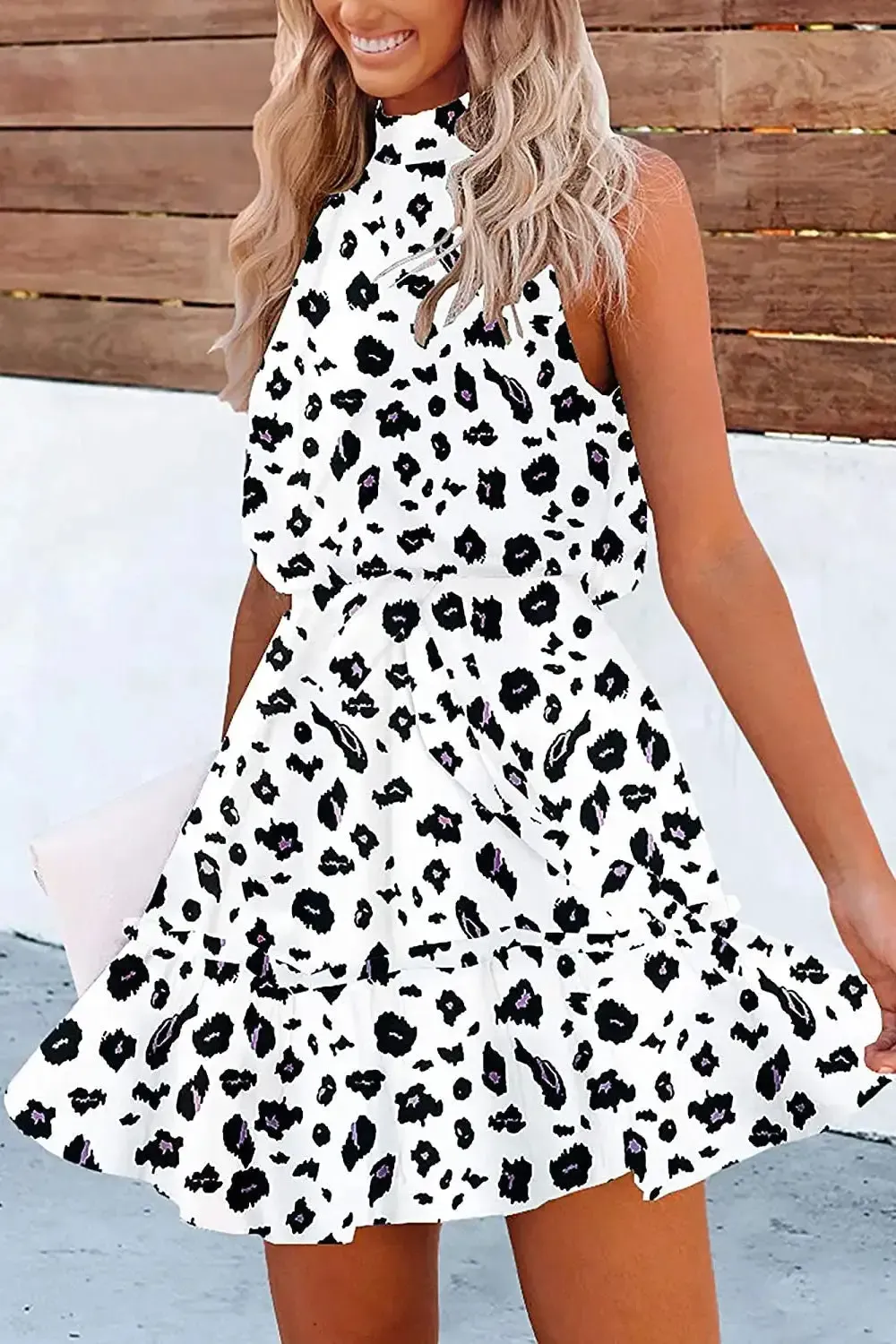 Halter Neck Summer Loose Sleeveless  Ruffle Belt Boho Floral Dress