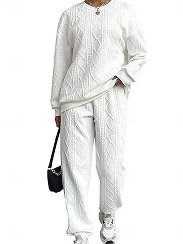 Women's Daily Sweatshirt Trousers Chinos Long Sleeve Round Neck Solid Color Patchwork Outdoor White Pink Rose Red Spring Regular Fit