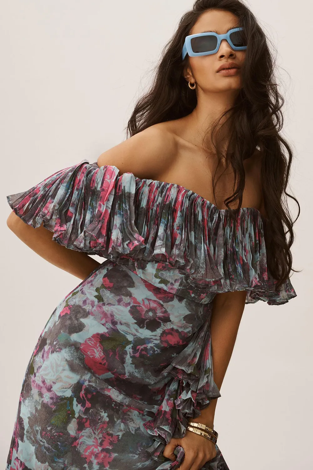 Hutch Off-The-Shoulder Ruffled Column Dress