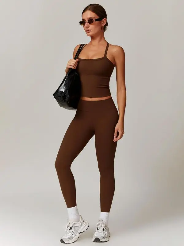 Women's Solid Cut Out Backless Cami Top & High Waist Leggings Tracksuit Set