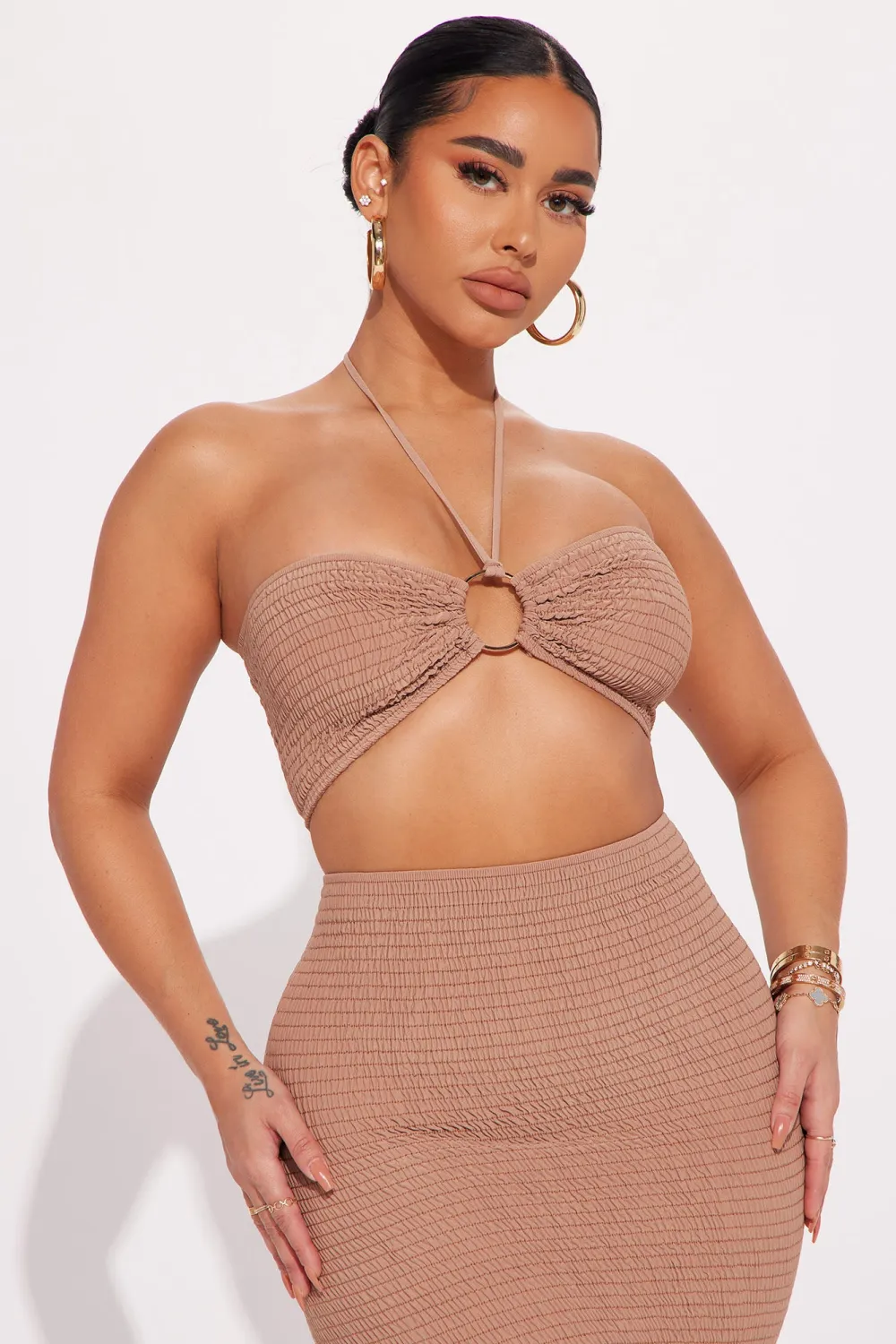 Susie Smocked Skirt Set - Taupe