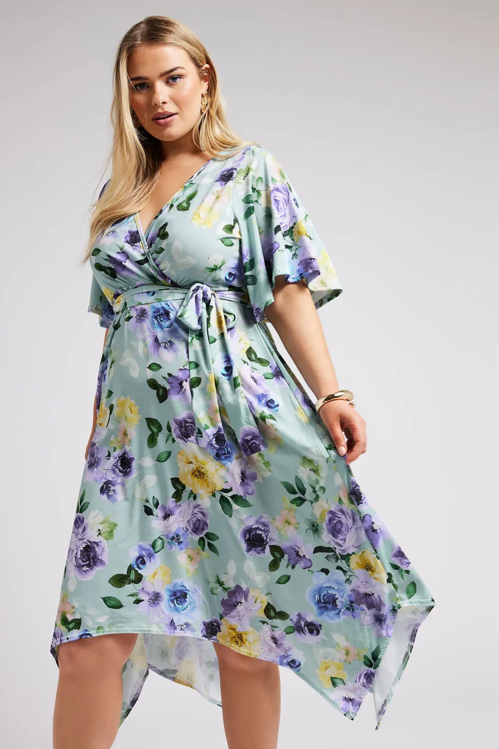 YOURS LONDON Curve Sage Green Floral Print Hanky Hem Wrap Dress