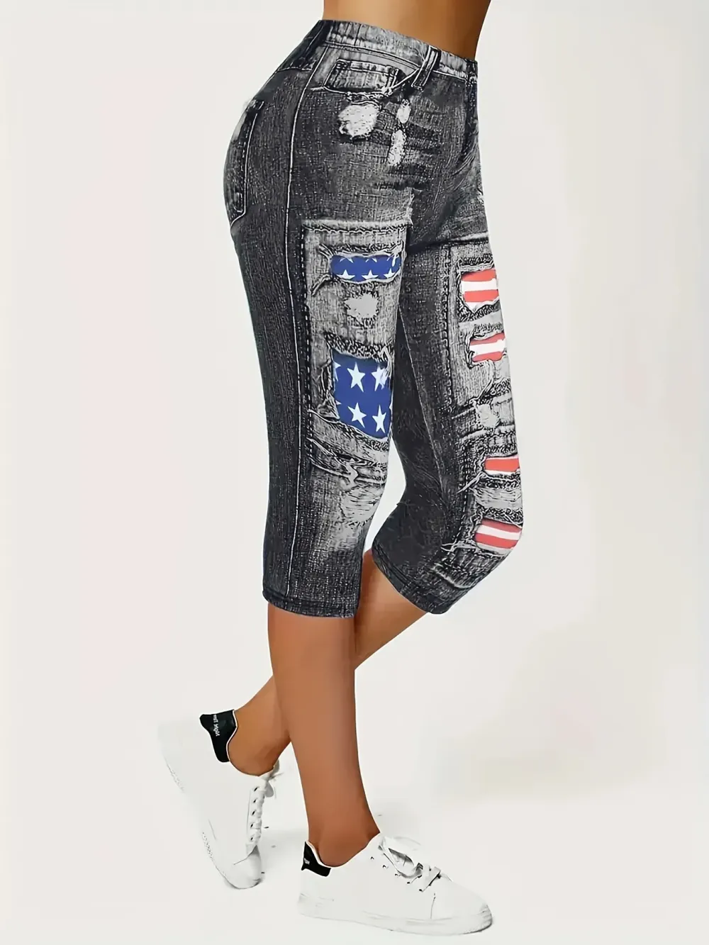 Plus Size Casual Leggings, Women's Plus Flag & Denim Print High Rise Stretchy Capri Leggings