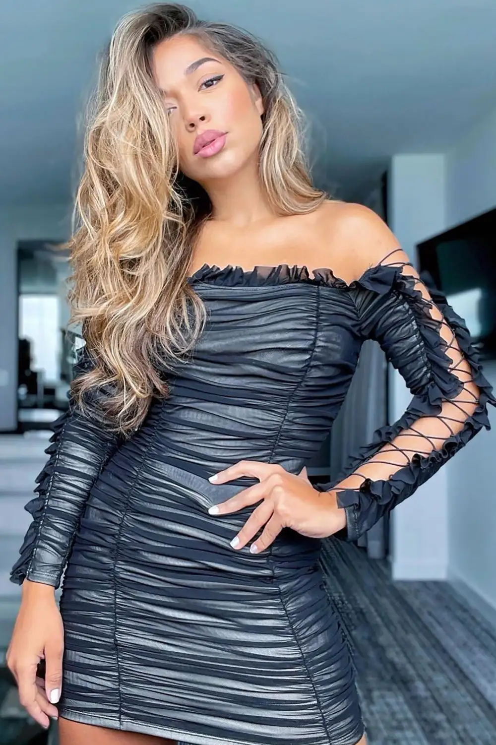 Sincerely Yours Ruched Mini Dress - Black/combo