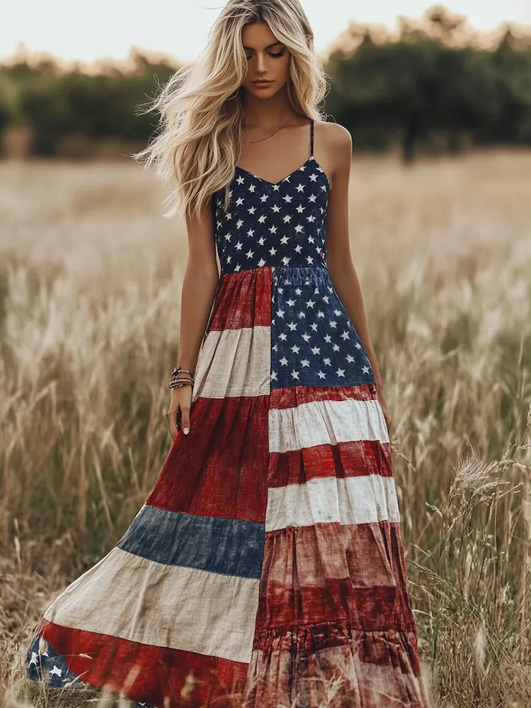 Women's Vintage Independence Day Flag Art Slip Dress