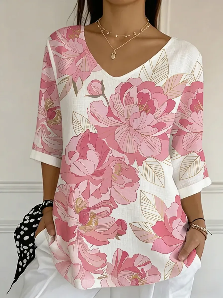 Women's Nashville Floral Lover Pink Peony Printed V-neck Top