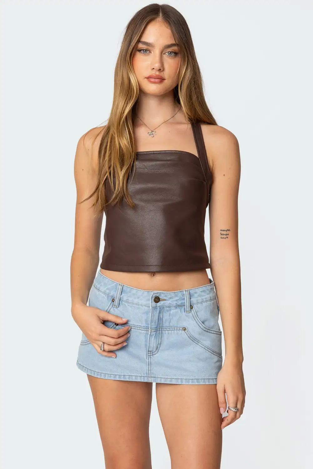 Draped Faux Leather Halter Top